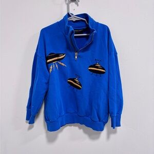 Mini Rodini Blue Zip-Up Sweater with UFO Design